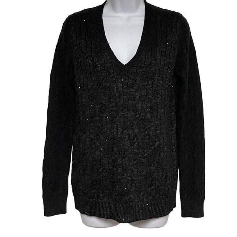 Ann Taylor LOFT Black Cable‎ Knit Sequin V-Neck Sweater Wool Rabbit Hair Small